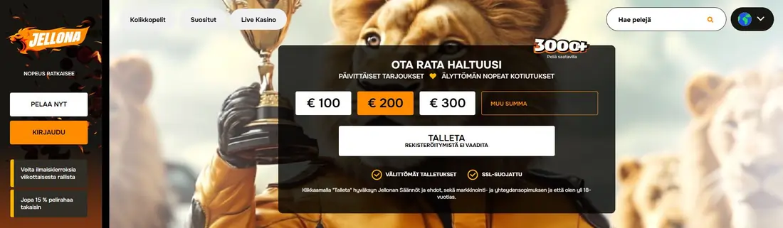 Jellona-kasinon etusivu ja talletusnäkymä