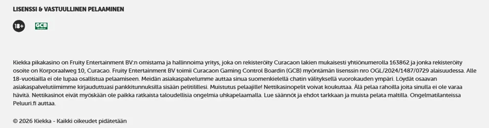 Kiekka-kasinon alatunniste ja Curacao-lisenssinumero