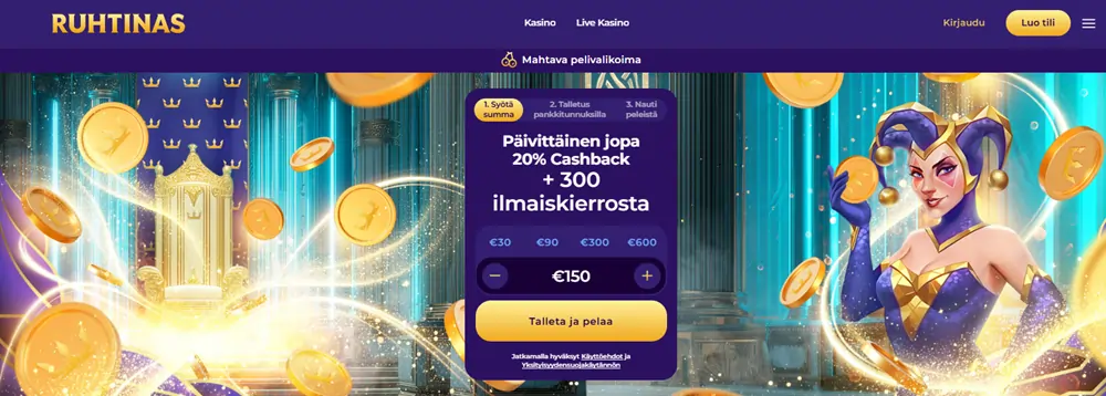 Ruhtinas-kasinon etusivu, käteispalautus ja ilmaiskierrokset
