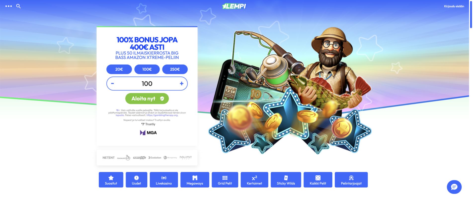 Lempi-kasinon etusivu ja Trustly-talletus