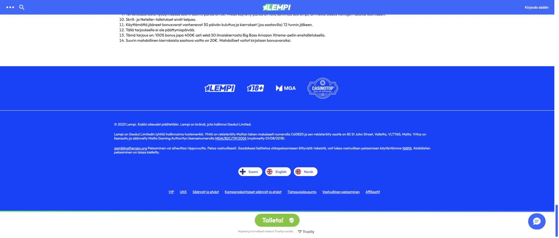 MGA-lisenssin tiedot ja sinetti nettikasinon alatunnisteessa