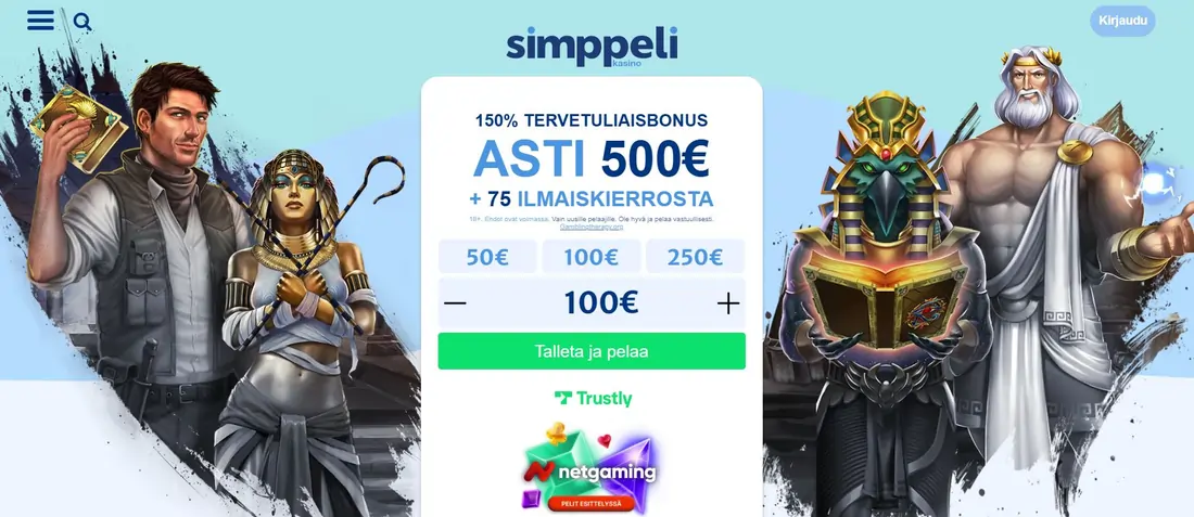 Simppeli-pikakasinon etusivu ja Trustly-talletus